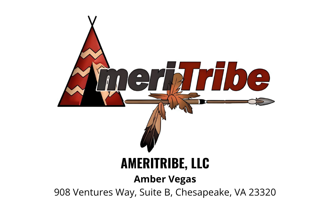 Logo for Ameritribe, LLC featuring a teepee, feathers, and a spear, with the company name and address in Chesapeake, VA.