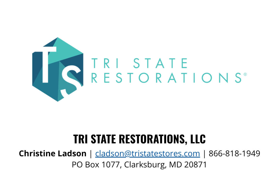 Business card for Tri State Restorations, LLC, Featuring logo and contact information for Christine Ladson.
