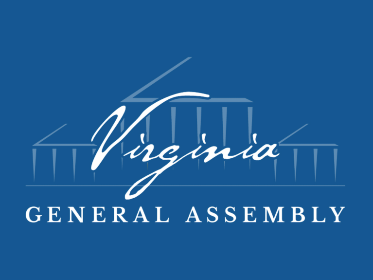 Virginia General Assembly logo with outline of the Virginia State Capitol building on a blue background