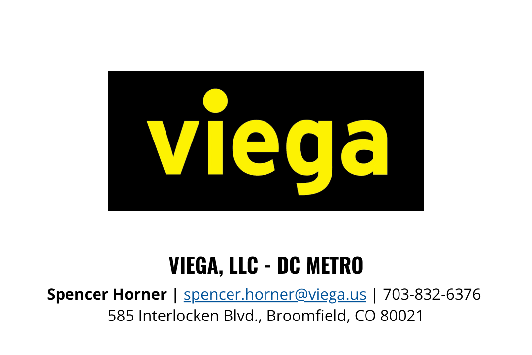 Business card for Viega, LLC - DC Metro with large yellow and black logo and contact information for Spencer Horner in Broomfield, Colorado.