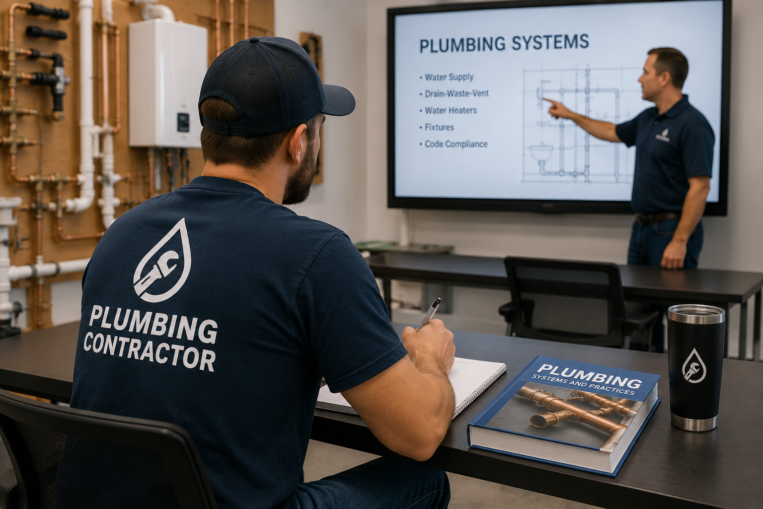 Plumbing contractor attending a training session, listening to an instructor pointing at a plumbing diagram on a large screen, with plumbing pipes and equipment in the background.
