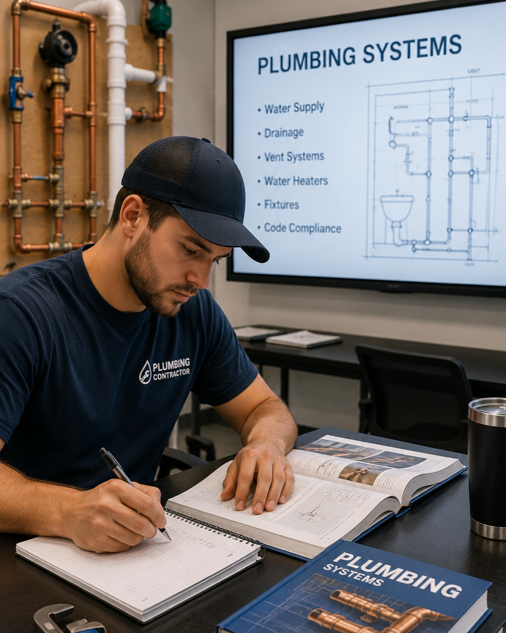 A young male plumbing contractor wearing a navy blue hat and shirt sits at a desk, writing in a notebook. He is surrounded by plumbing manuals and a large monitor displays a plumbing system diagram and a list of plumbing services in a meeting room with copper plumbing pipes in the background.