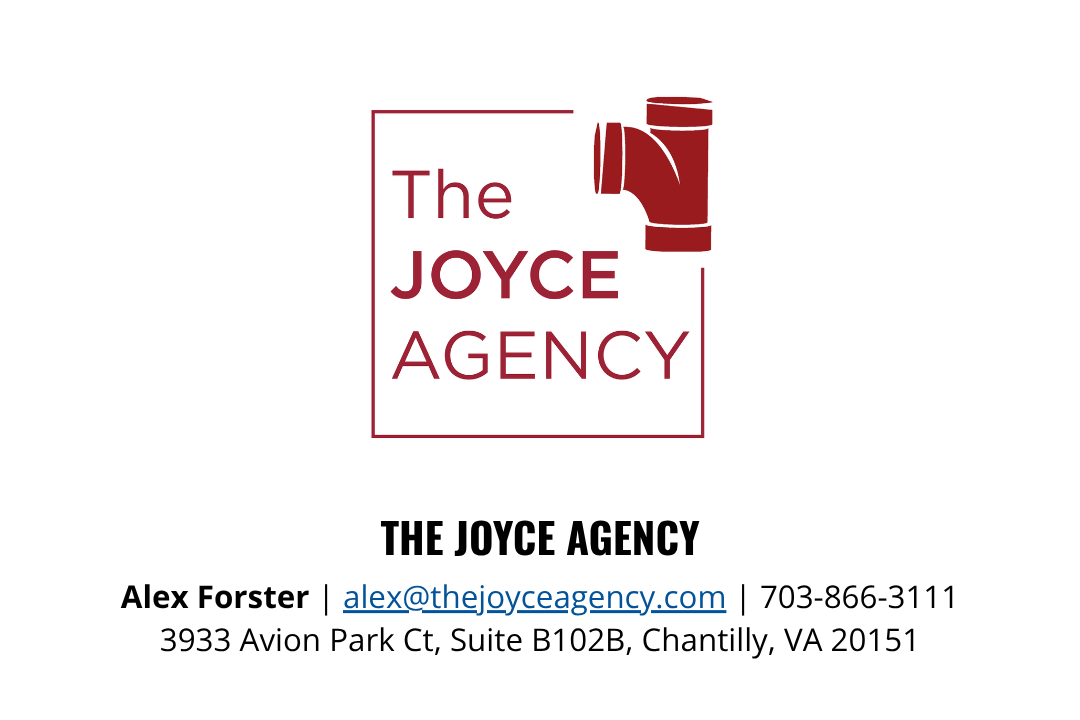 Business card for The Joyce Agency, featuring a red faucet logo and contact information for Alex Forster in Chantilly, Virginia.
