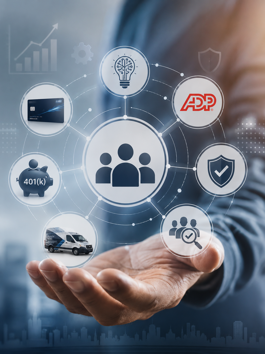 A person holding out their hand with a digital interface showing icons related to business, technology, and security, including a group of people, a lightbulb, a credit card, a piggy bank, a delivery van, a shield, the ADP logo, and graphs.