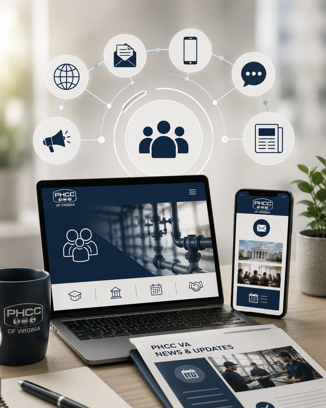A workspace with a laptop, smartphone, and printed newspaper, all branded with PHCC of Virginia, displaying online news, meetings, and communication icons