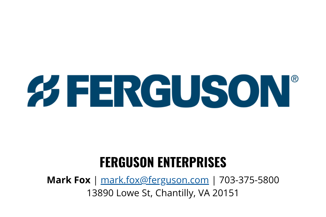 Ferguson Enterprise business card with logo, contact information for Mark Fox, email, phone number, and address.