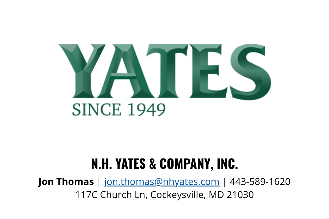 Business card for N.H. Yates & Company, Inc., featuring the company logo with the name YATES since 1949, and contact information including Jon Thomas's email, phone number, and address in Cockeysville, Maryland.