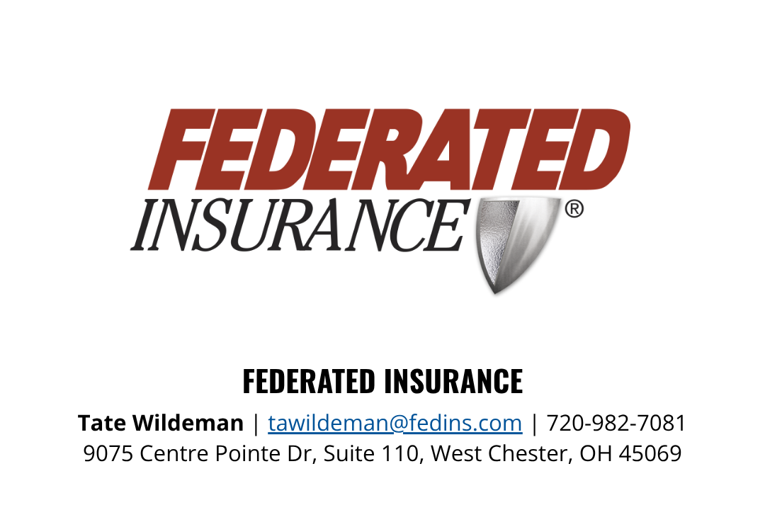 Business card for Federated Insurance with a logo featuring a shield and the company name in bold red and black text. Contact info for Tate Wildeman includes email, phone number, and address.