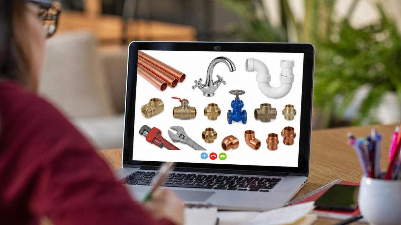 Person looking at a laptop screen displaying plumbing parts, including pipes, faucets, valves, fittings, a wrench, and a pipe wrench.