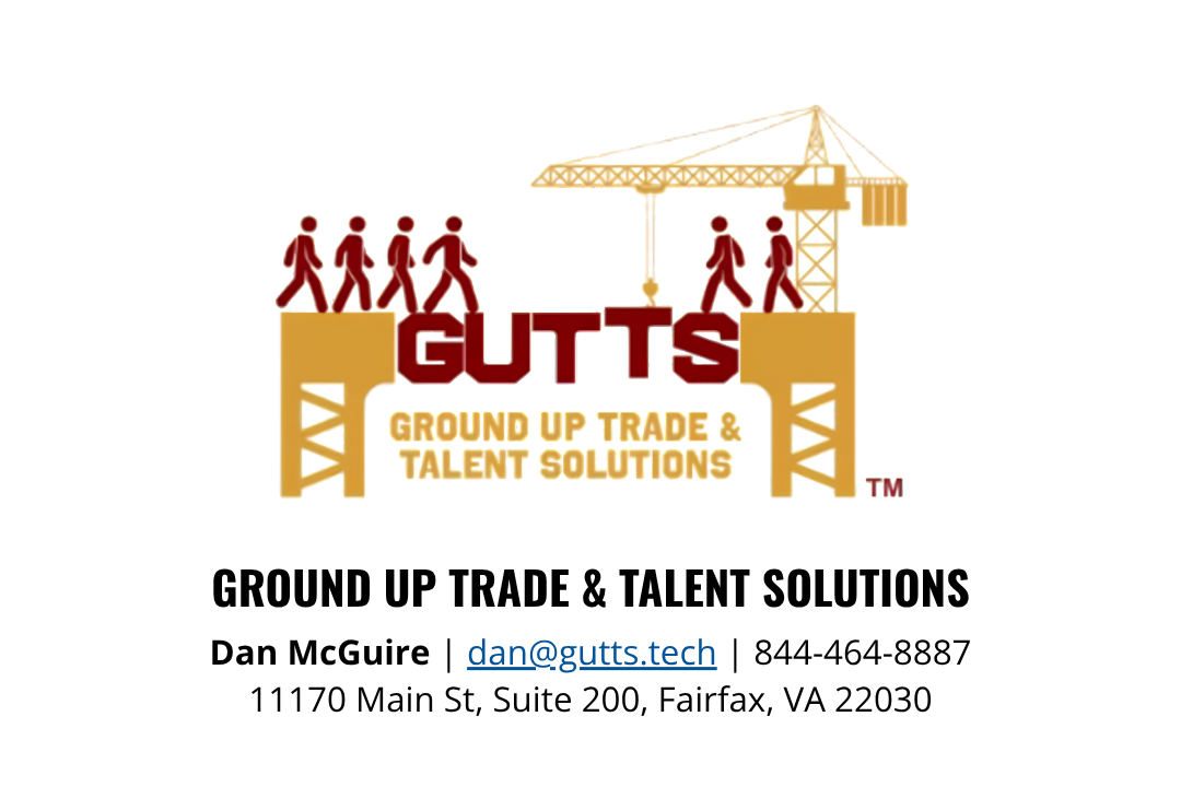 Business card for GUTTS Ground Up Trade & Talent Solutions featuring a construction theme with silhouettes of people walking on construction beams, a crane, and the company name.