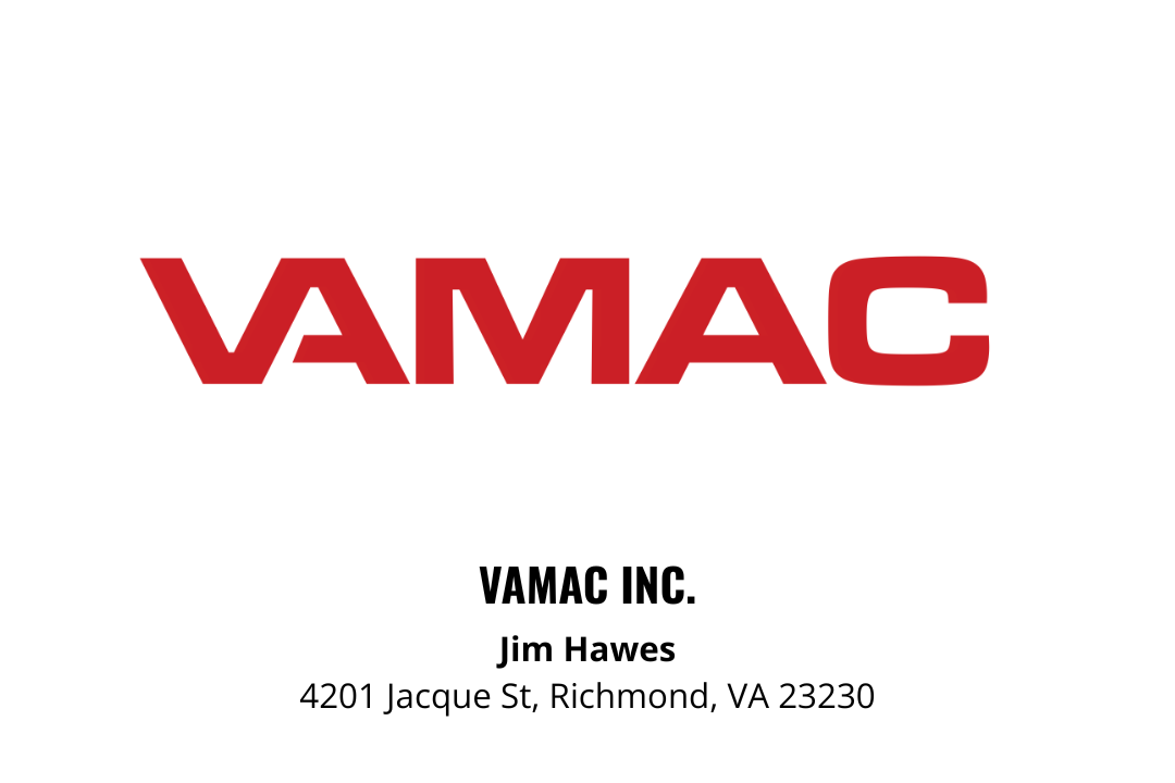 Business card for VAMAC INC., with logo and contact information for Jim Hawes at 4201 Jacque St, Richmond, VA 23230.