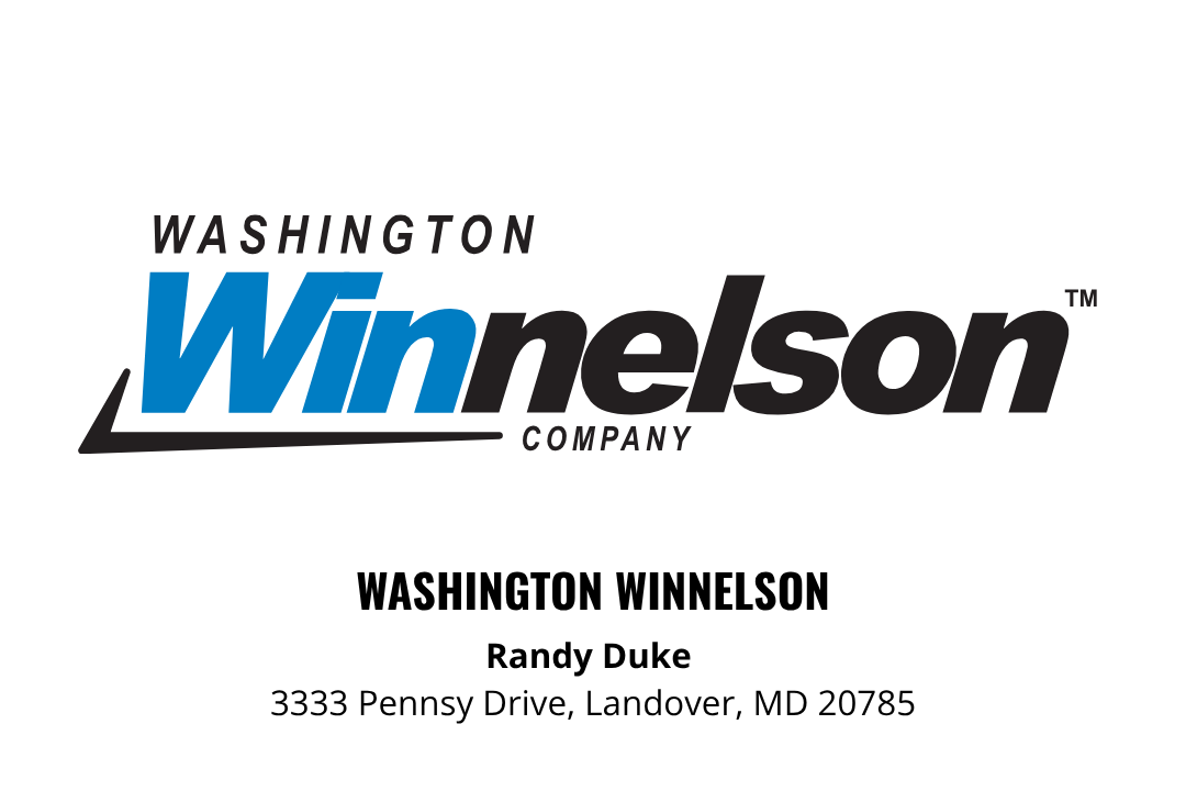 Business card or promotional graphic for Washington Winnelson featuring the company logo and contact information for Randy Duke in Landover, Maryland.