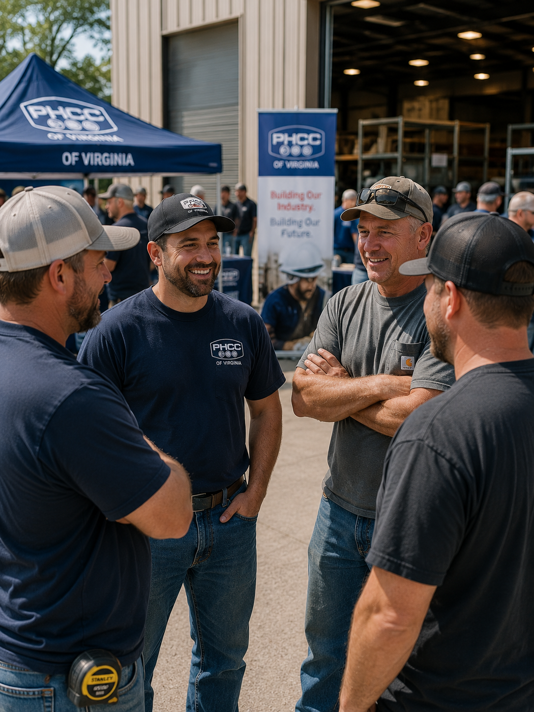 A group of men wearing work shirts and caps are smiling and talking outside near a warehouse with a PHCC of Virginia banner in the background.