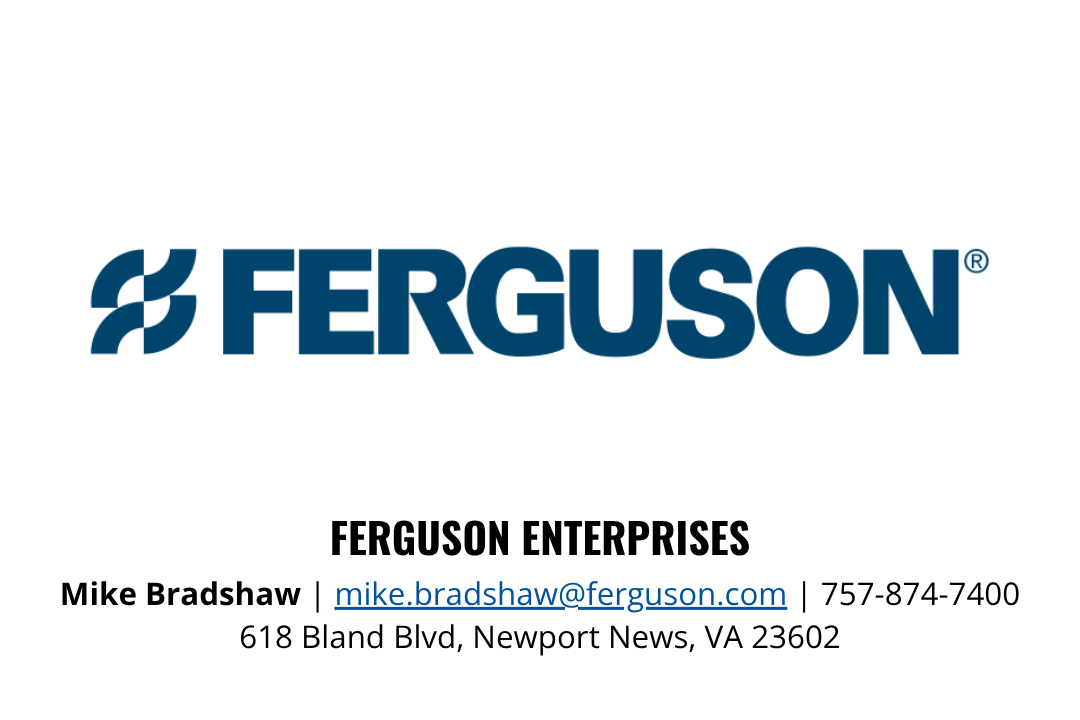 Business card for Ferguson Enterprises with company logo, contact information, and address.