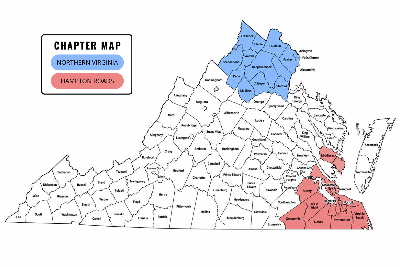 Map of Virginia with regions colored to indicate chapter map categories, showing Northern Virginia in blue and Hampton Roads in red, with a separate legend in the top left corner