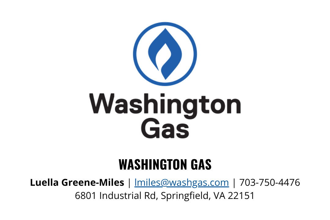 Business card for Washington Gas featuring logo, company name, contact name, email, phone number, and address.