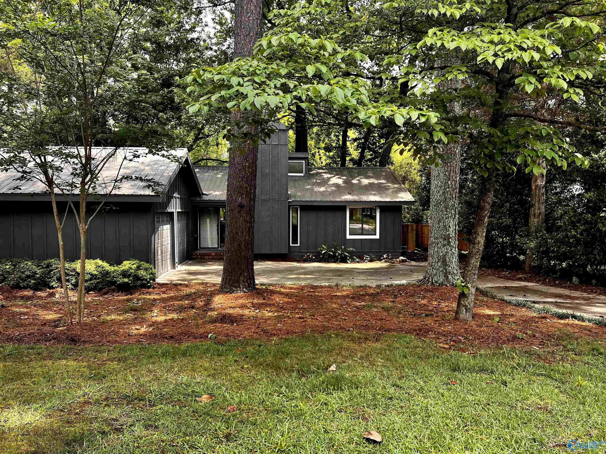 A house with gray siding and a metal roof, surrounded by tall trees and green foliage, with a grassy yard in the foreground.