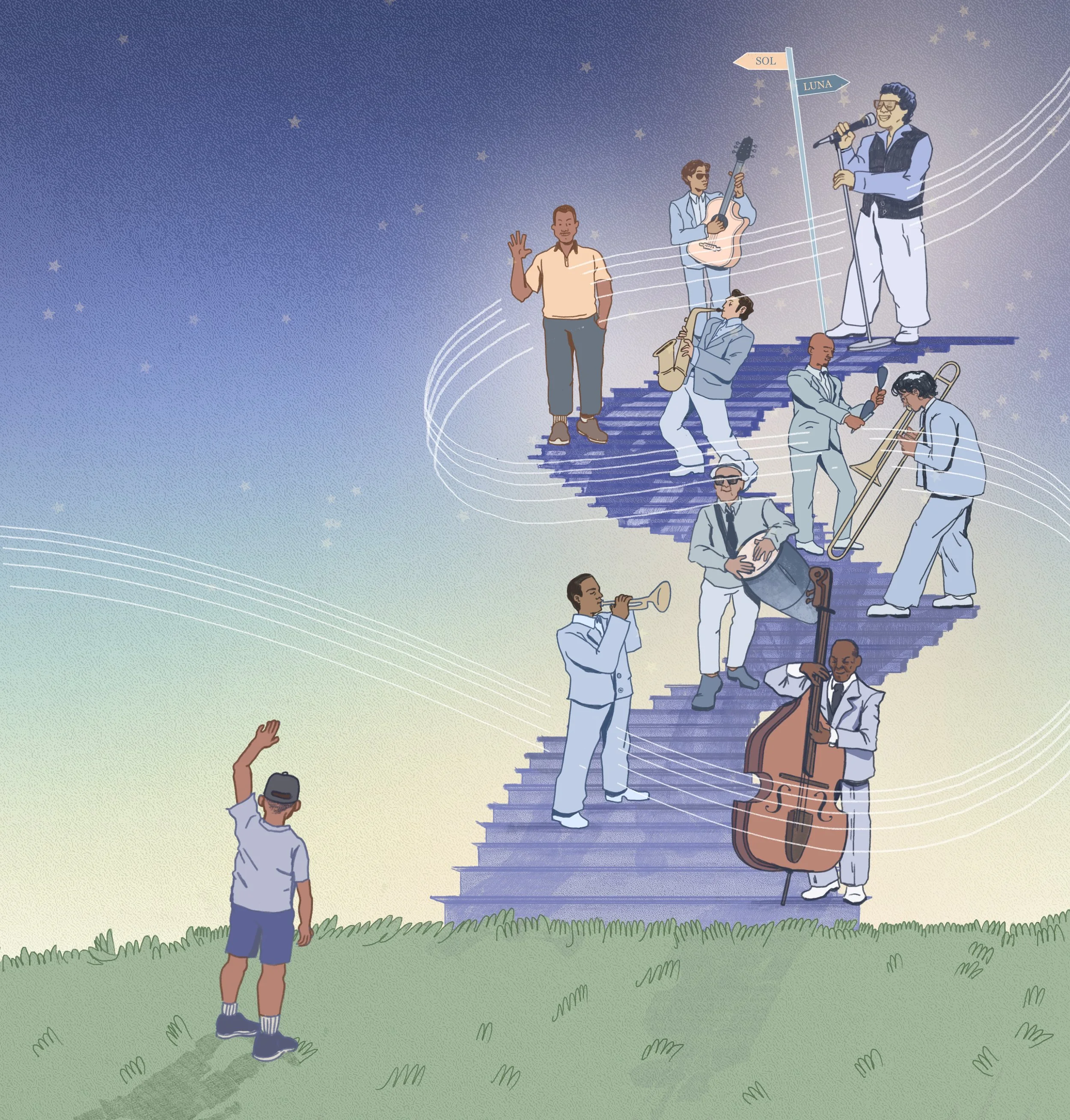 A group of musicians playing instruments and singing on a staircase under a starry sky, with a signpost pointing to the sun (Sol) and moon (Luna). The scene has a dreamy, musical atmosphere.