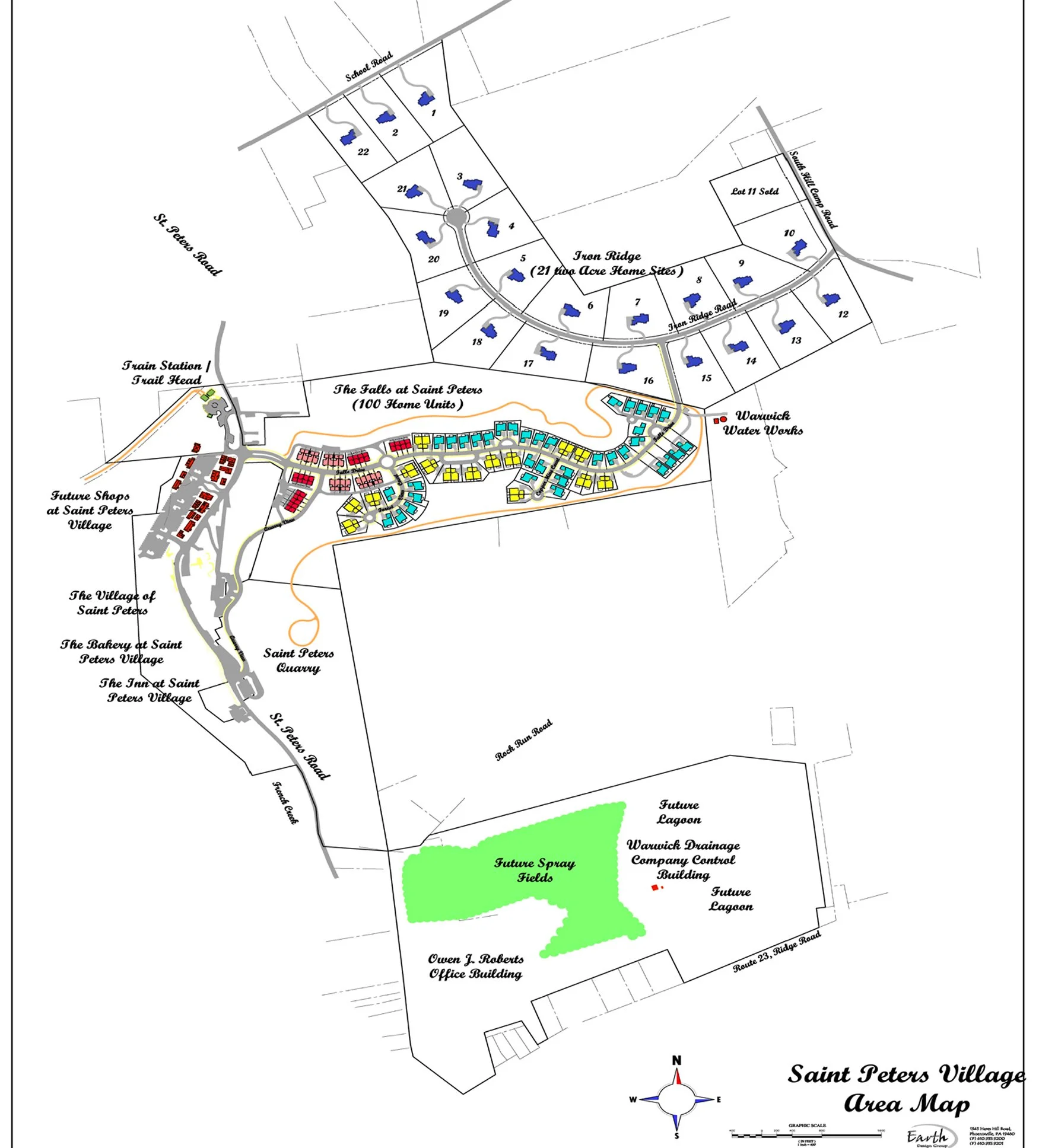 A detailed area map of Saint Peters Village showing residential plots, future development sites, lakes, drainage, and office buildings with roads and directional indicators.