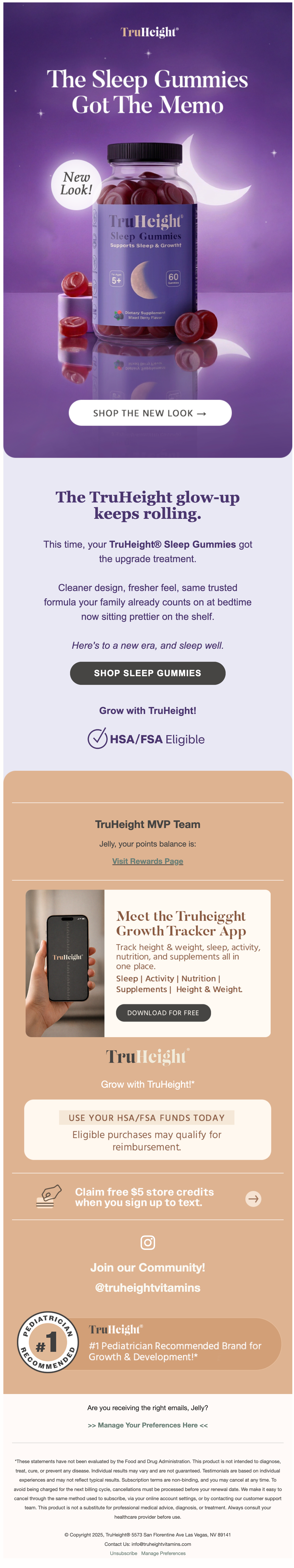 Advertisement for TruHeight Sleep Gummies showing a purple background with crescent moon and stars, a bottle of sleep gummies, and text highlighting product features and benefits.