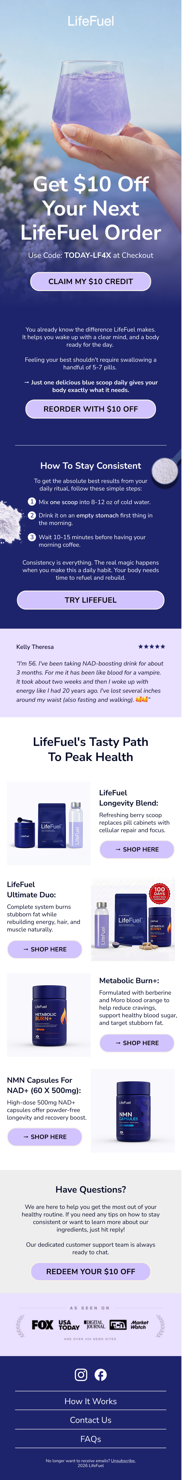 Promotional advertisement for LifeFuel with a hand holding a purple drink outdoors, offering $10 off on next order, with product details and health benefits outlined.