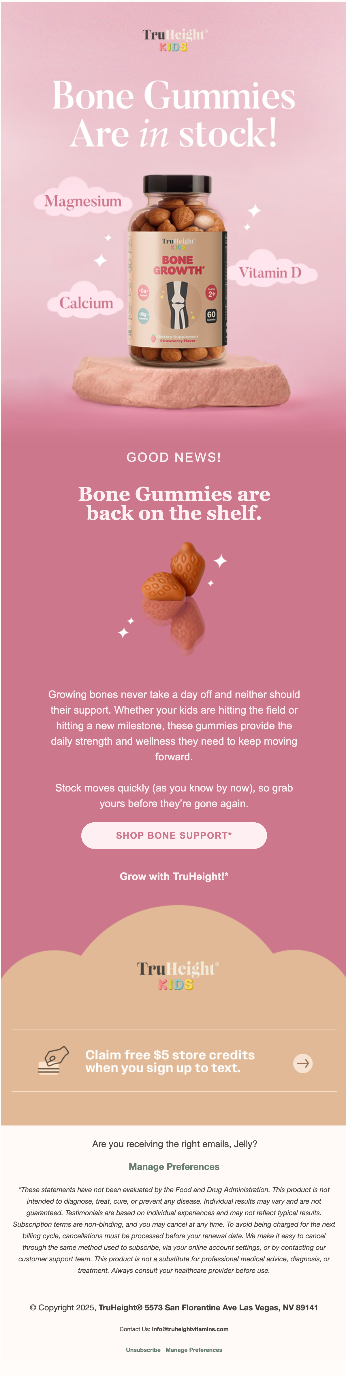 Pink advertisement for TruHeight Kids bone gummy vitamins, featuring a bottle of gummies labeled "Bone Growth," with keywords such as Magnesium, Calcium, Vitamin D, and calcium, and a message announcing gummies are back in stock.