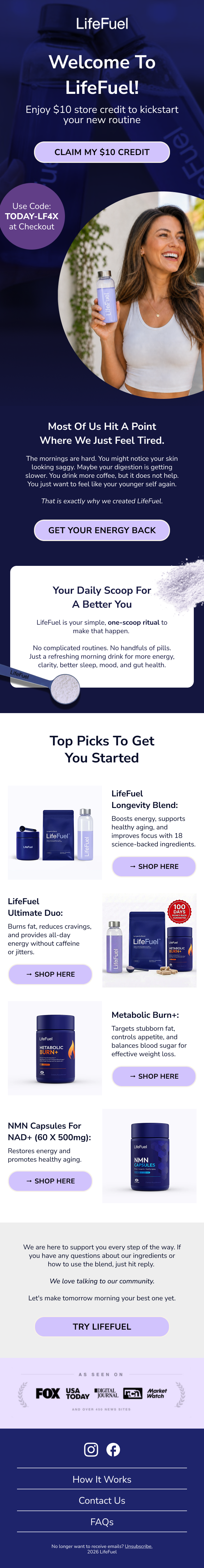 A promotional webpage for LifeFuel featuring discounts, product highlights, and health benefits, including energy boosters, supplements, and a rewards program.