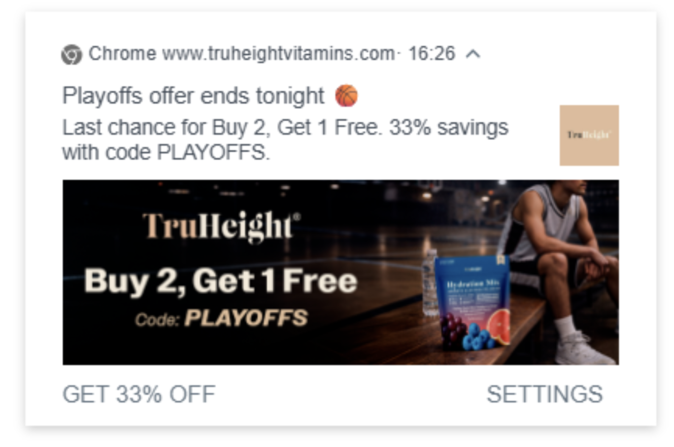 An online advertisement promoting a buy two, get one free deal on TruHeight supplements with a discount code 'PLAYOFFS'. The ad features a person sitting on a basketball court at night, with a box of supplements and a water bottle on a bench.