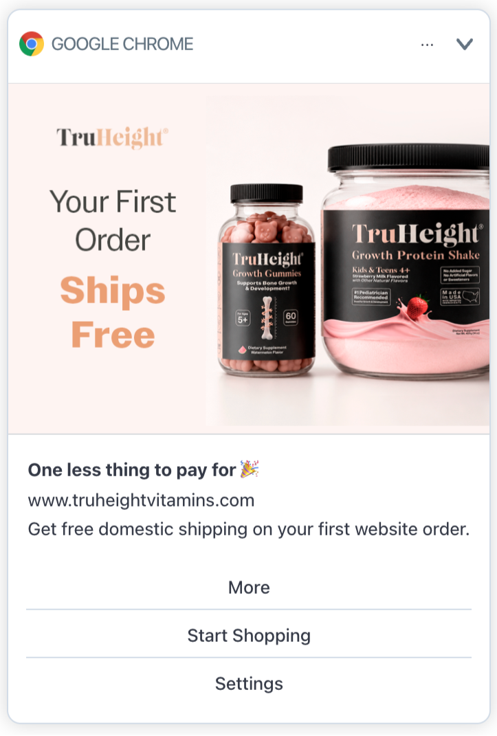 Advertisement for TruHeight vitamins showing bottles of growth gummies and a protein shake, with promotion for free shipping on first orders at truheightvitamins.com.