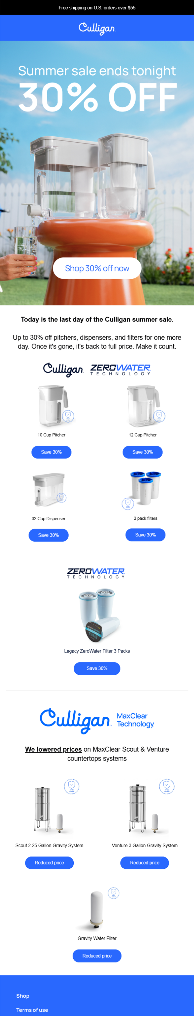 Advertisement for Culligan water filtration and dispenser products, featuring a summer sale with 30% off, ending tonight, with images of water filters, pitchers, dispensers, and gravity systems.