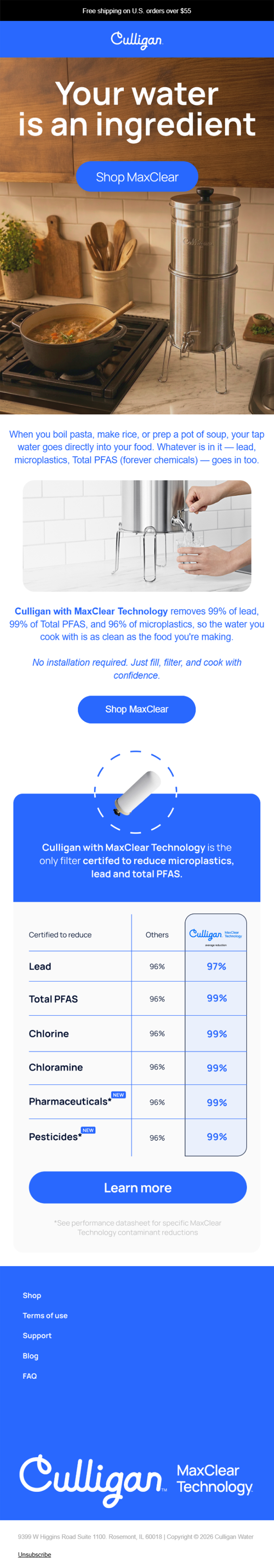 An advertisement for Culligan Water featuring MaxClear filtration technology, showing a kitchen with a water filter attached to the tap, a pot on the stove, and a person filling a glass with filtered water.