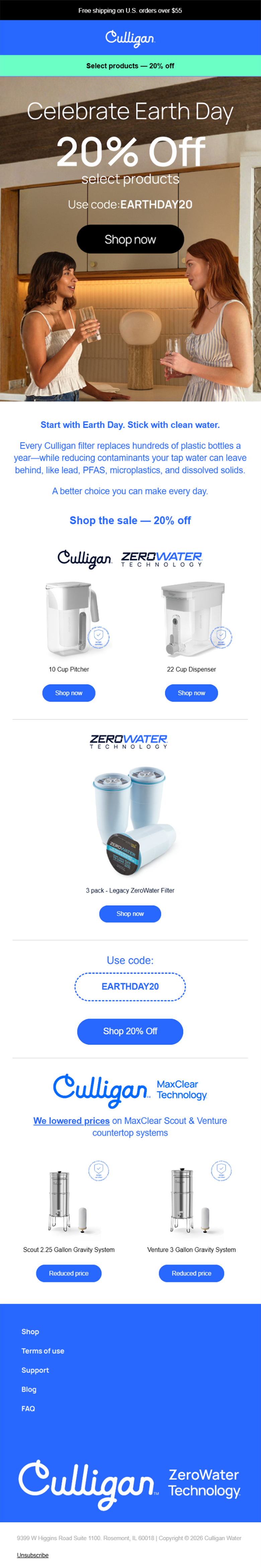 Email promotional banner from Culligan Water celebrating Earth Day with 20% off on select water filtration products, featuring images of water filters and women enjoying drinks in a modern kitchen.