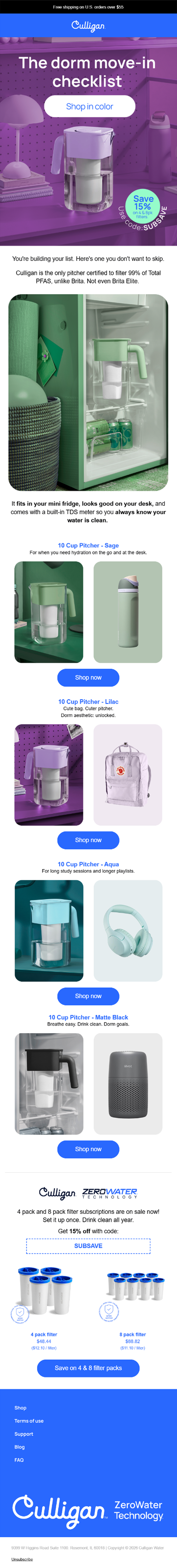 A dorm move-in checklist advertisement from Culligan featuring water filtration products and accessories in purple, green, blue, and black, including pitchers, filters, and a portable water dispenser.