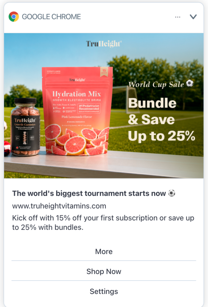 Promotion for TruHeight vitamins and hydration mix with a soccer field background, showcasing bundles and discounts, and text about a World Cup Sale and tournament.
