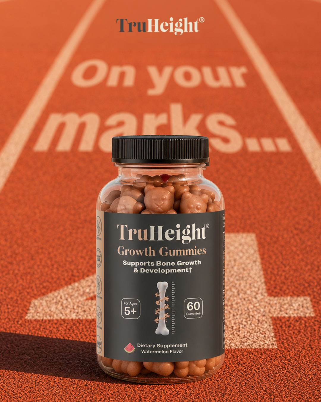Bottle of TruHeight Growth Gummies on a textured surface with a backdrop of a running track and the words "On your marks".