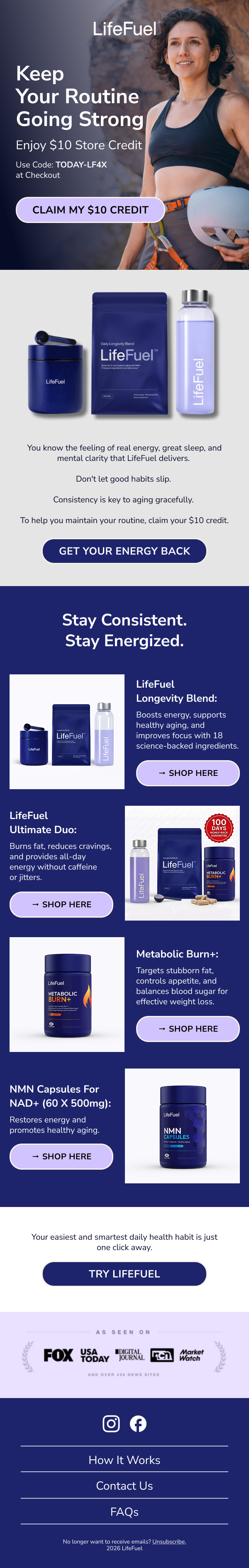Advertisement for LifeFuel supplements showing a woman in workout gear holding a helmet, with product images of LifeFuel energy and health supplements, including a capsule container, a packet, and bottles, promoting routine and energy support.