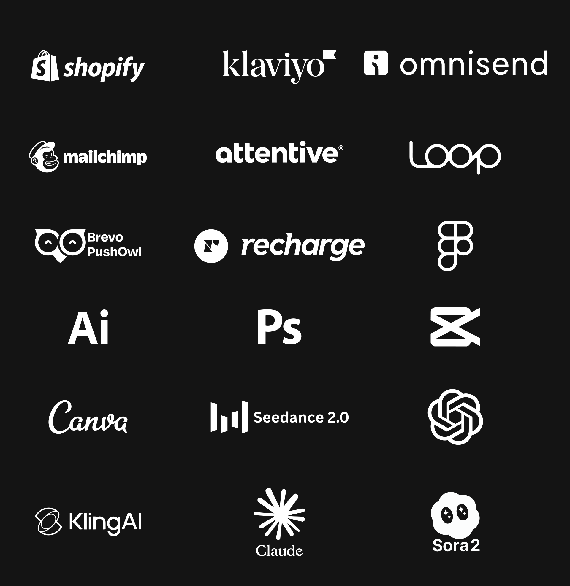 Collection of logos on a black background, including Shopify, klaviyo, Omnisend, Mailchimp, Attentive, Loop, Brevo, PushOwl, recharge, icons, Canva, Adobe Illustrator, Photoshop, Seedance 2.0, KlingAI, Claude, and Sora2.