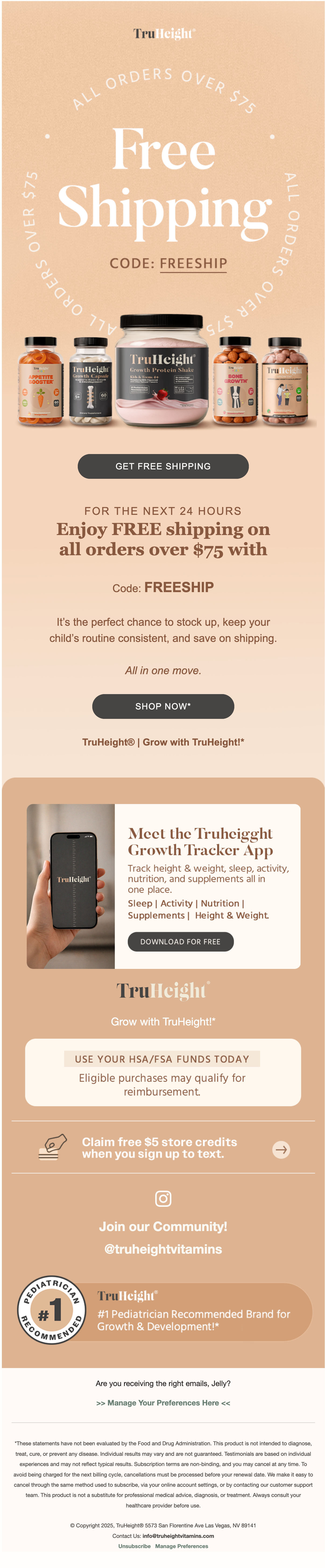 A promotional flyer for TruHeight featuring free shipping on orders over $75, with images of dietary supplements and a growth protein shake, and information on an app and store credits.