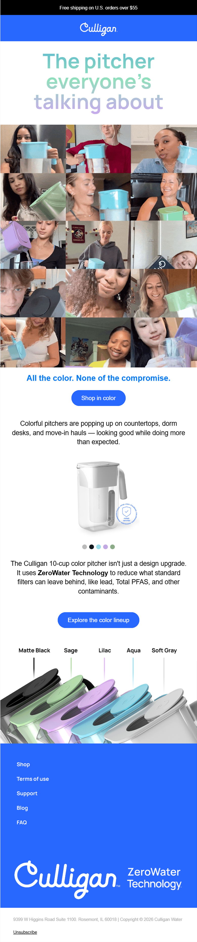 Advertisement for Culligan Pitcher Water Dispenser, featuring a collage of diverse people holding or pouring water from colorful pitchers. Includes images of the pitcher in multiple colors, emphasis on zeroWater technology, and call-to-action buttons to shop and explore color lineups.