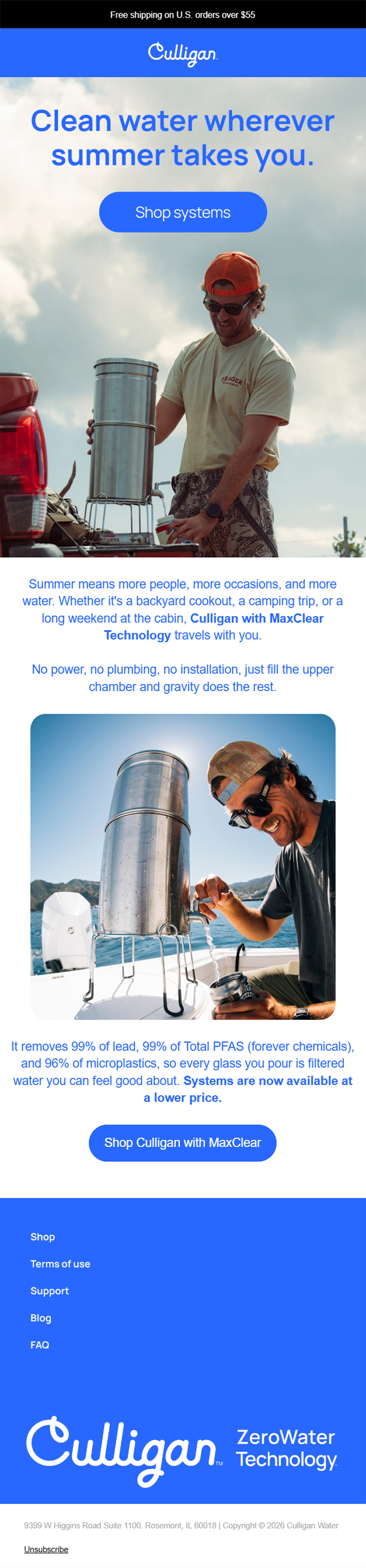 An advertisement for Culligan water systems featuring two men enjoying water outdoors, with one man standing and the other sitting near a boat, both smiling and wearing casual clothing and sunglasses.