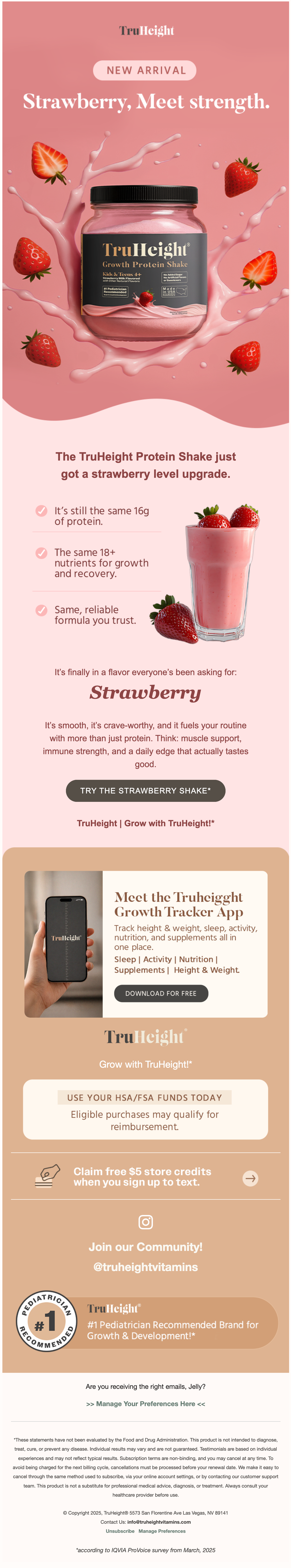 Pink advertisement promoting TrueHeight strawberry flavored protein powder, featuring a jar of the pink protein shake surrounded by fresh strawberries and splashes of pink milk. Includes text about product benefits, a growth tracker app, and store credit offers.
