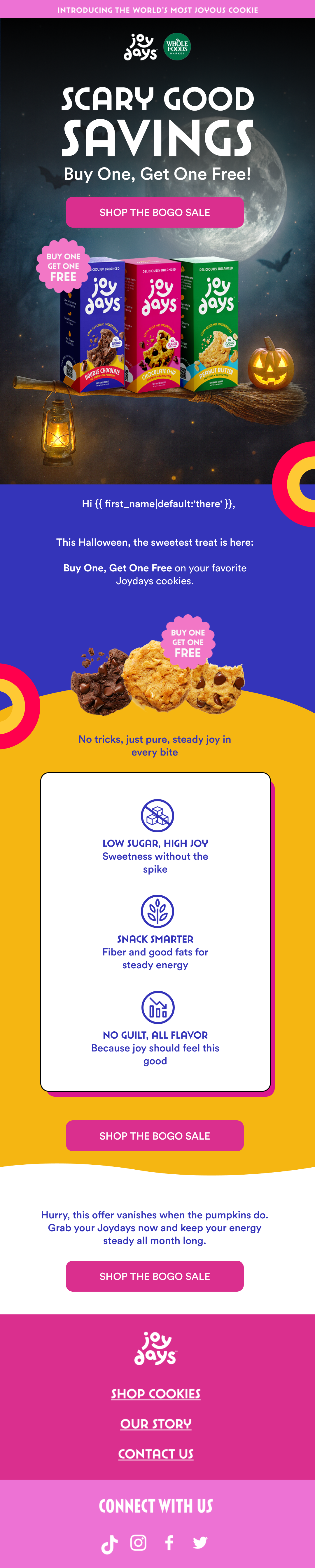 Halloween themed Joy Day cookies advertisement with spooky background, full moon, carved pumpkin, lantern, and cookies with buy one get one free offer.