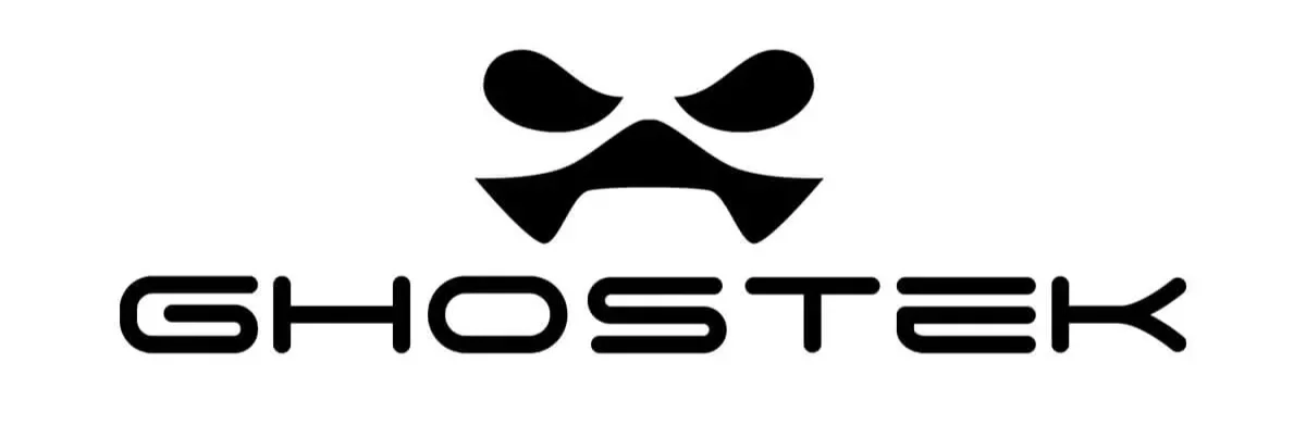 Black logo featuring a stylized ninja mask or face above the word 'GHOSTEK' in futuristic font.