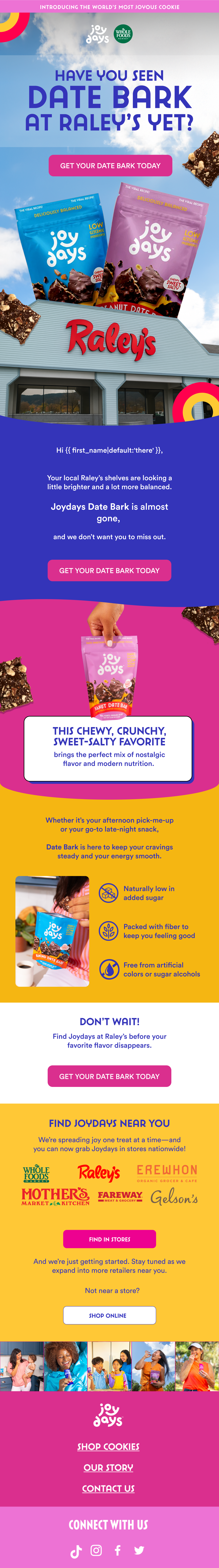 Promotional flyer for Joydays Date Bark, a chocolate treat from Raley's featuring colorful packaging, images of the product, and store locations.