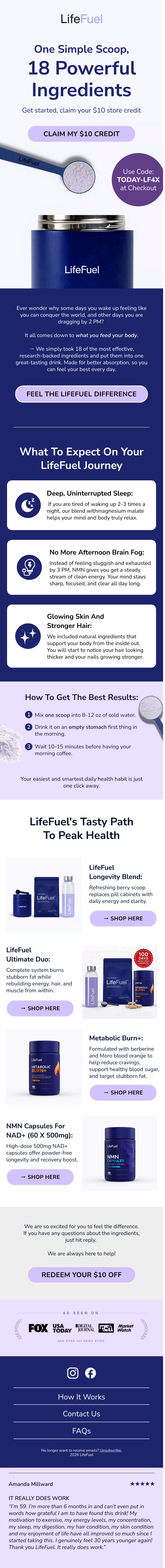 An advertisement for LifeFuel featuring a shaker bottle in the background. It highlights 18 ingredients, offers a $10 store credit, and includes product details like LifeFuel's benefits, different supplement options, and a call to action to shop now. The design uses purple and blue colors with sections describing the product's effects and how to get the best results.