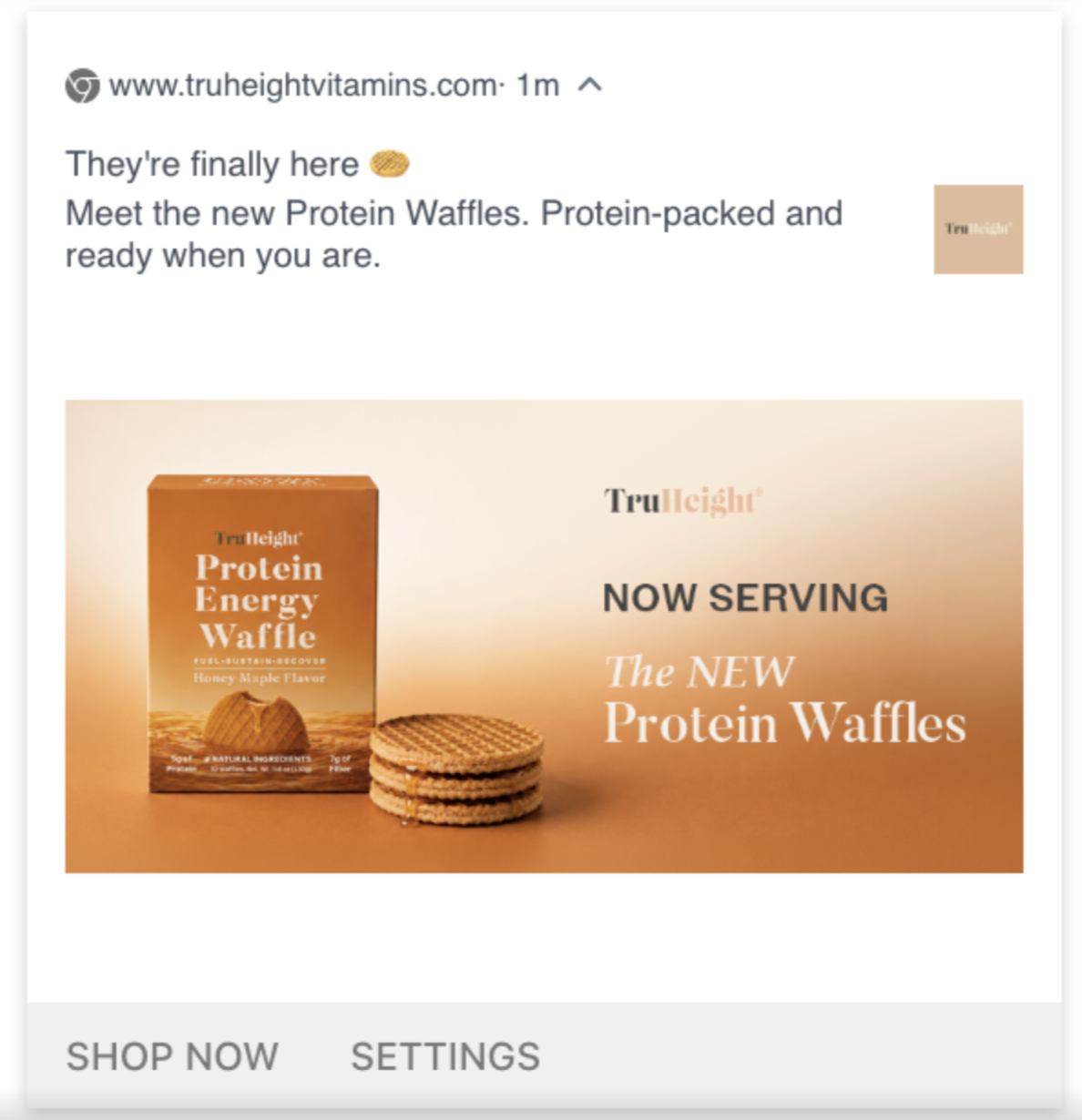 Advertisement for TruHeight protein energy waffles featuring an orange box and stacked waffles with text highlighting new product and flavor.