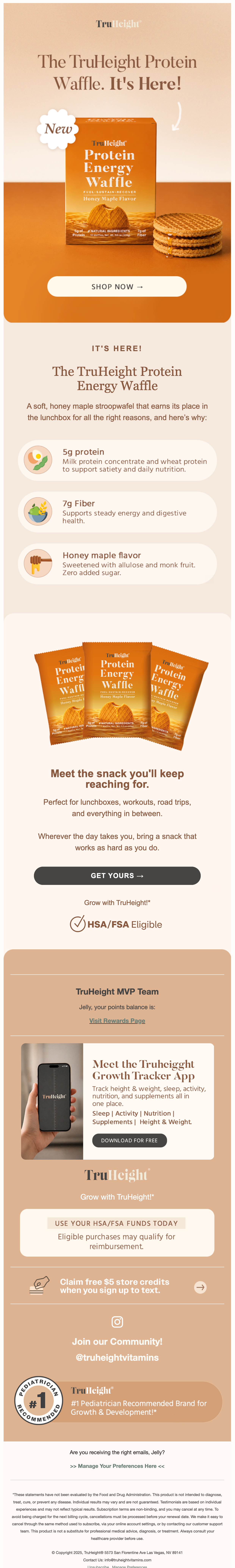 TruHeight Protein Energy Waffle packaging with a stack of three waffles beside it, promotional text highlighting product features, and a call-to-action button for shopping.