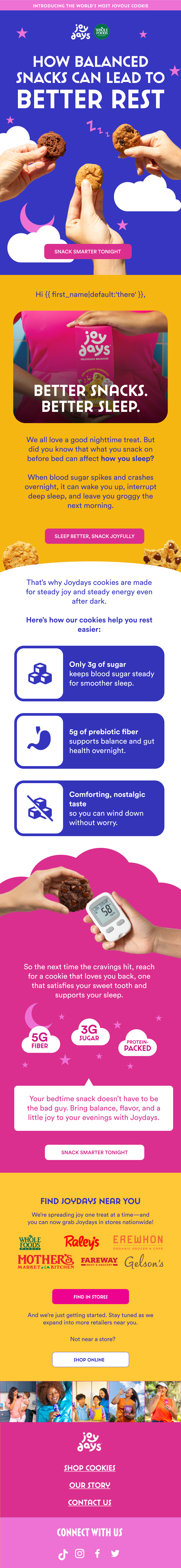 Infographic illustrating how balanced snacks like Joydays cookies can promote better sleep. Features images of cookies, a person holding a cookie, a sleep monitor, and logos of grocery stores. Includes tips on reducing sugar, boosting probiotic fiber, and enjoying snacks for improved rest.