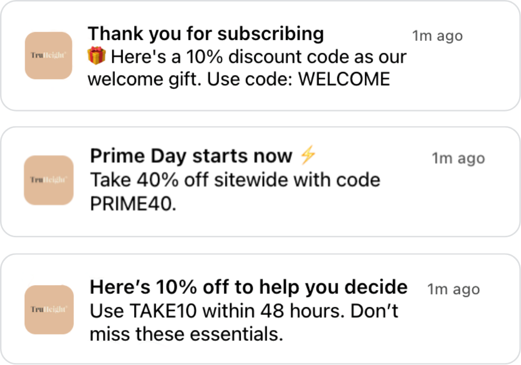 Screenshot of three promotional text messages from an online store, offering discounts and free gifts for subscribers and shoppers.