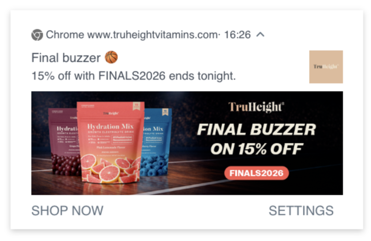 A promotional online advertisement for TruHeight vitamins featuring three colorful packet designs of hydration mix flavors, with a focus on a 15% discount on the Final Buzzer product with code FINALS2026, and a basketball emoji.